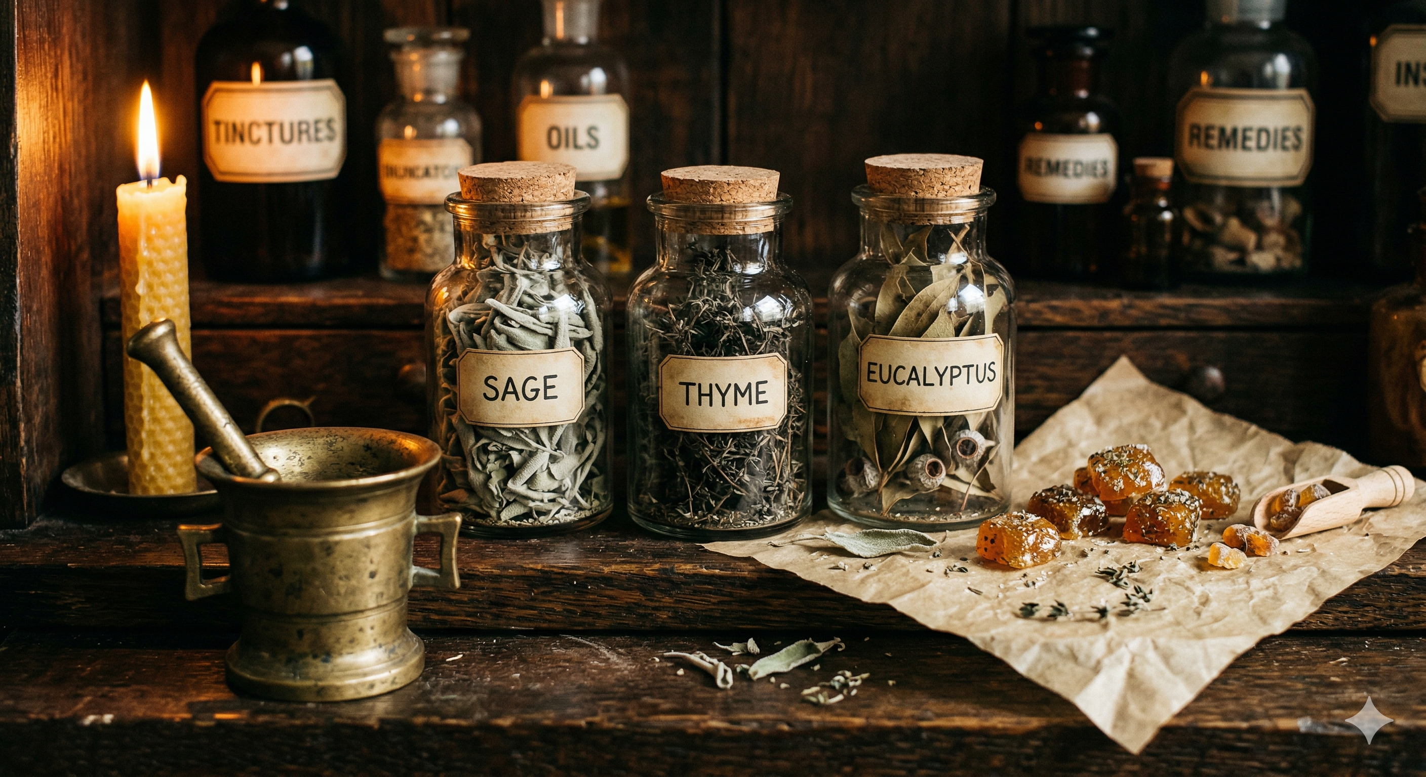 Apothekergläser mit Salbei, Thymian und Eukalyptus neben handgemachten Kräuterbonbons