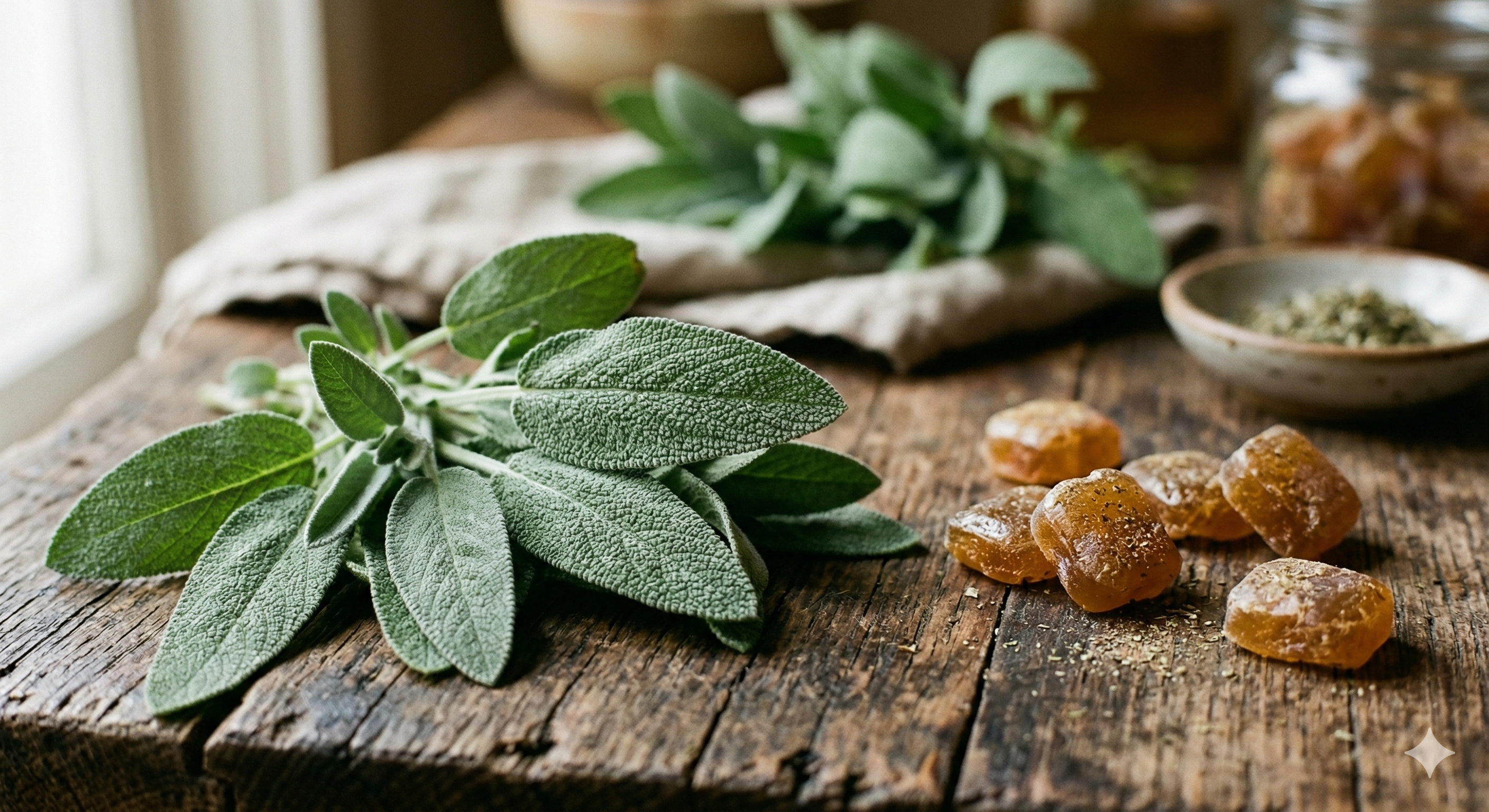 Frische Salbeiblätter neben handgemachten Kräuterbonbons auf rustikalem Holz