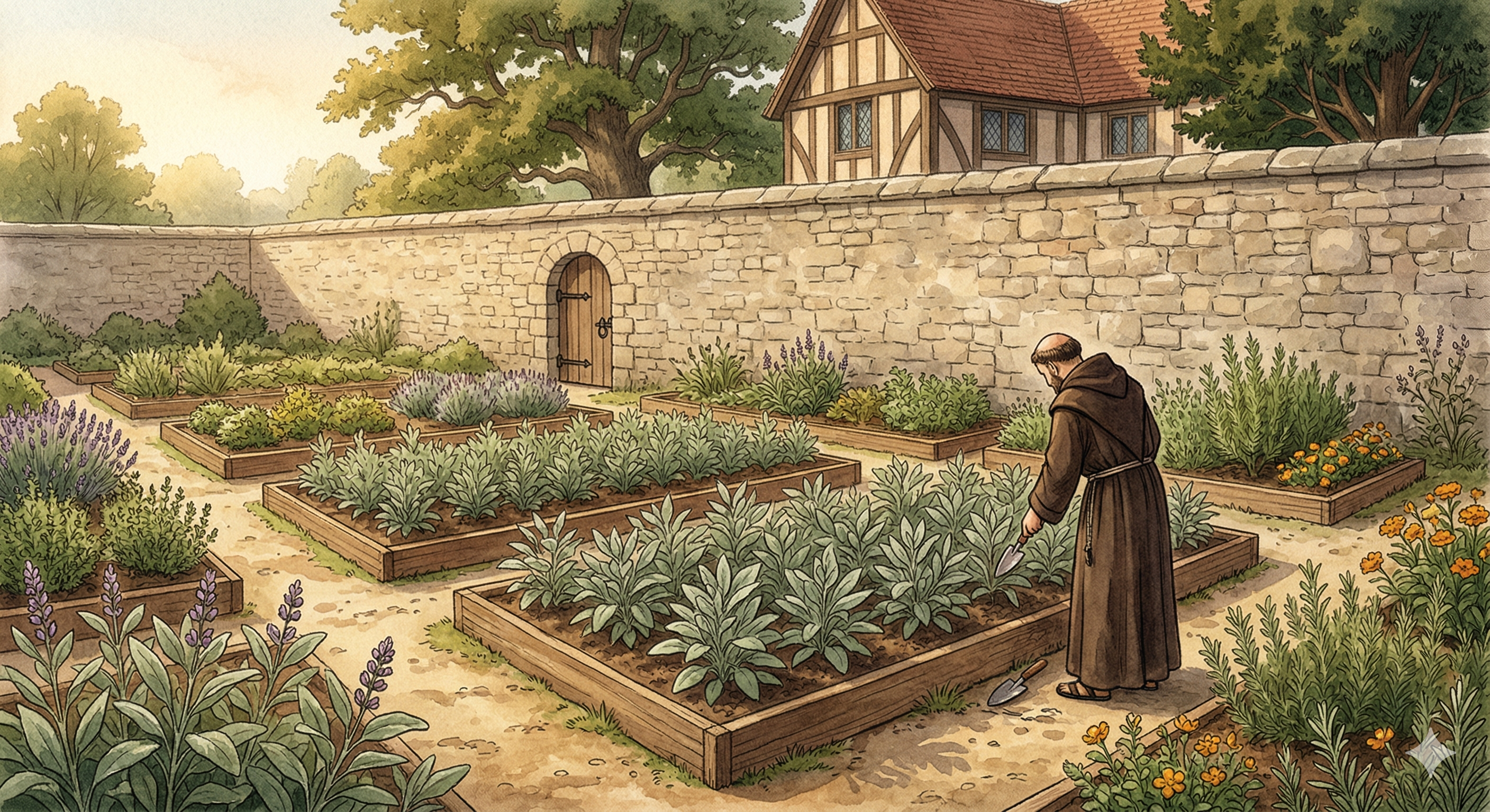 Mittelalterlicher Klostergarten mit Salbeibeeten und einem Benediktinermönch