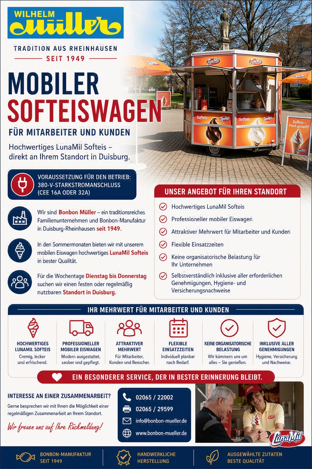 Flyer: Mobiler Softeiswagen von Bonbon Müller mit LunaMil Softeis
